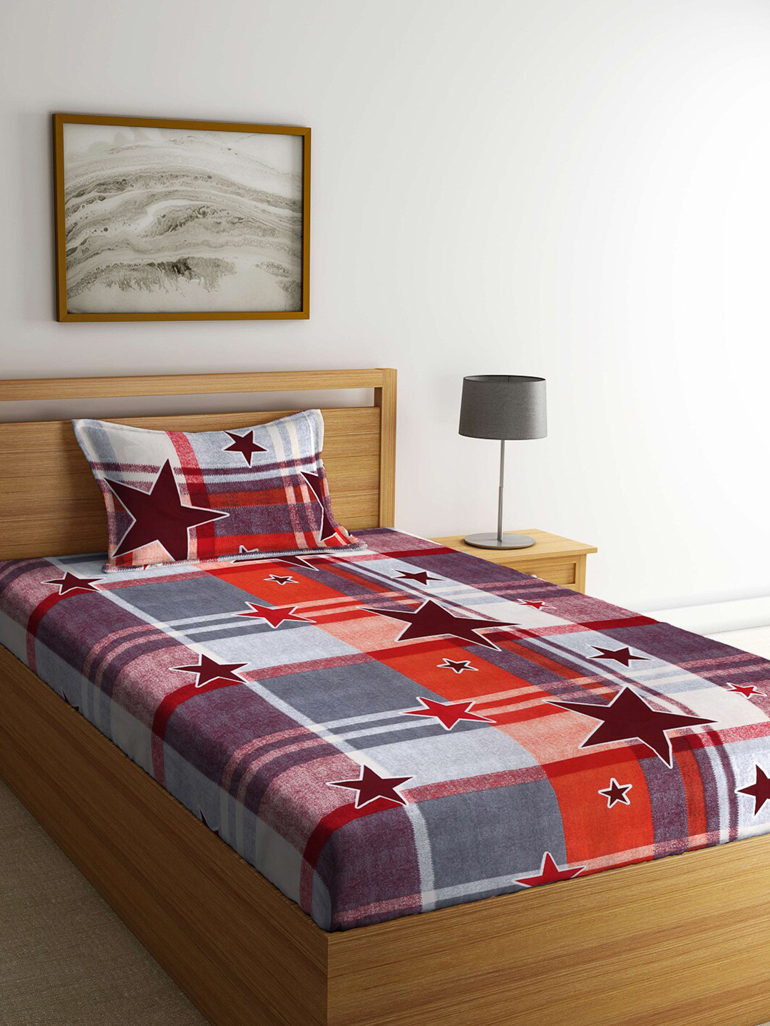 Arrabi Red Geometric Cotton 300 TC Single Fine Bedsheet with a Pillow Cover-245 x 230 cm