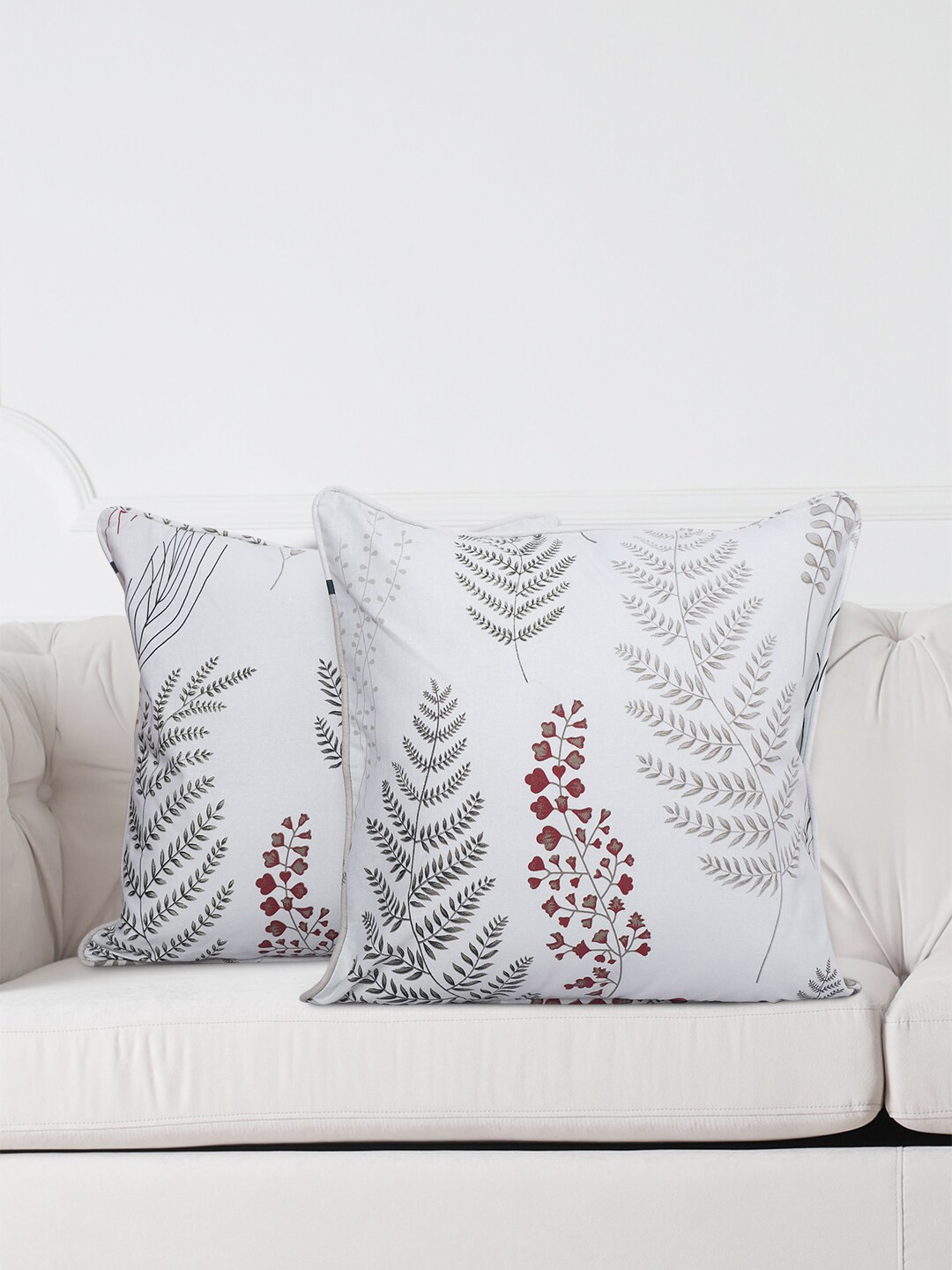 SWAYAM Set of 2 White & Grey Floral Printed Square Cushion Covers