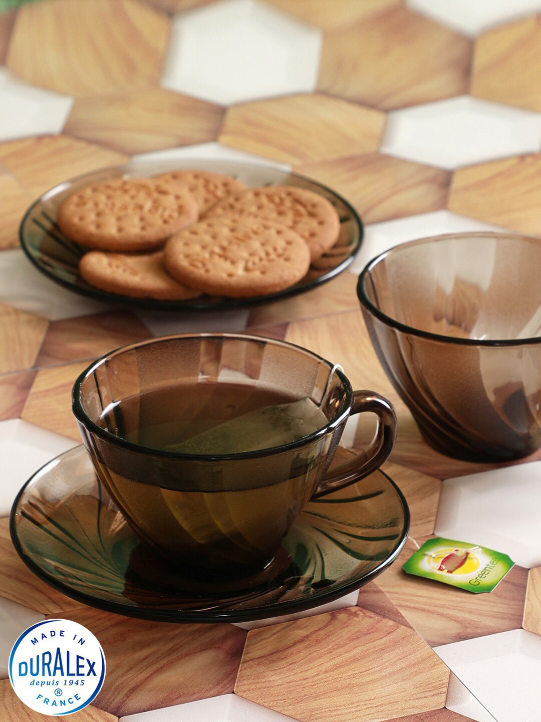 DURALEX Coffee Brown Set of 12 Textured Glass Glossy Cups & Saucers