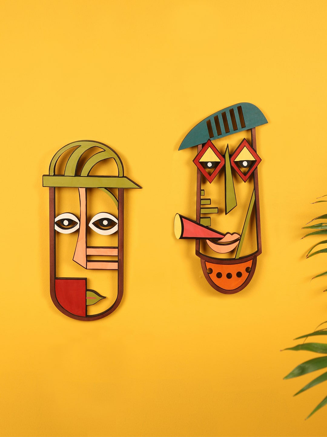 AAKRITI ART CREATIONS Holmes & Watson Wood Matte Hall 2Pcs Wall Masks-13.4In