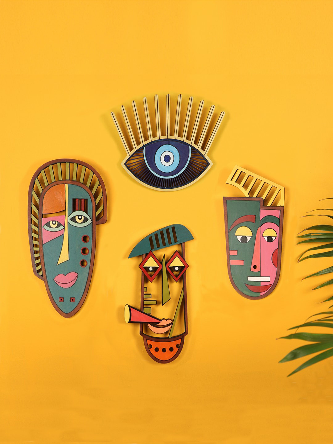 AAKRITI ART CREATIONS Let's Party Wood Matte Hall 4Pcs Wall Masks-13.8In