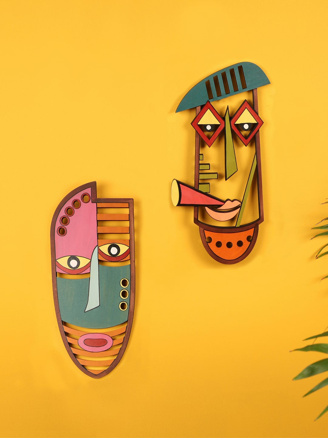 AAKRITI ART CREATIONS Don & Peter Wood Ethnic Motifs Matte Hall 2Pcs Wall Masks-13.4In