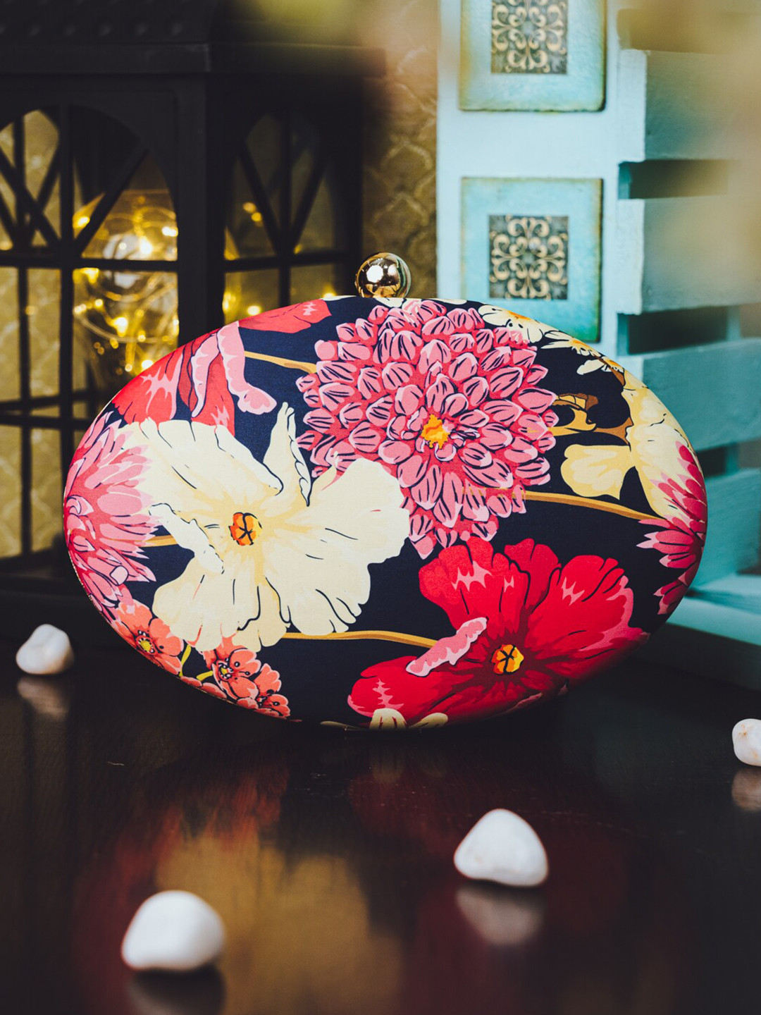 NR By Nidhi Rathi Peach-Coloured & Blue Printed Box Clutch