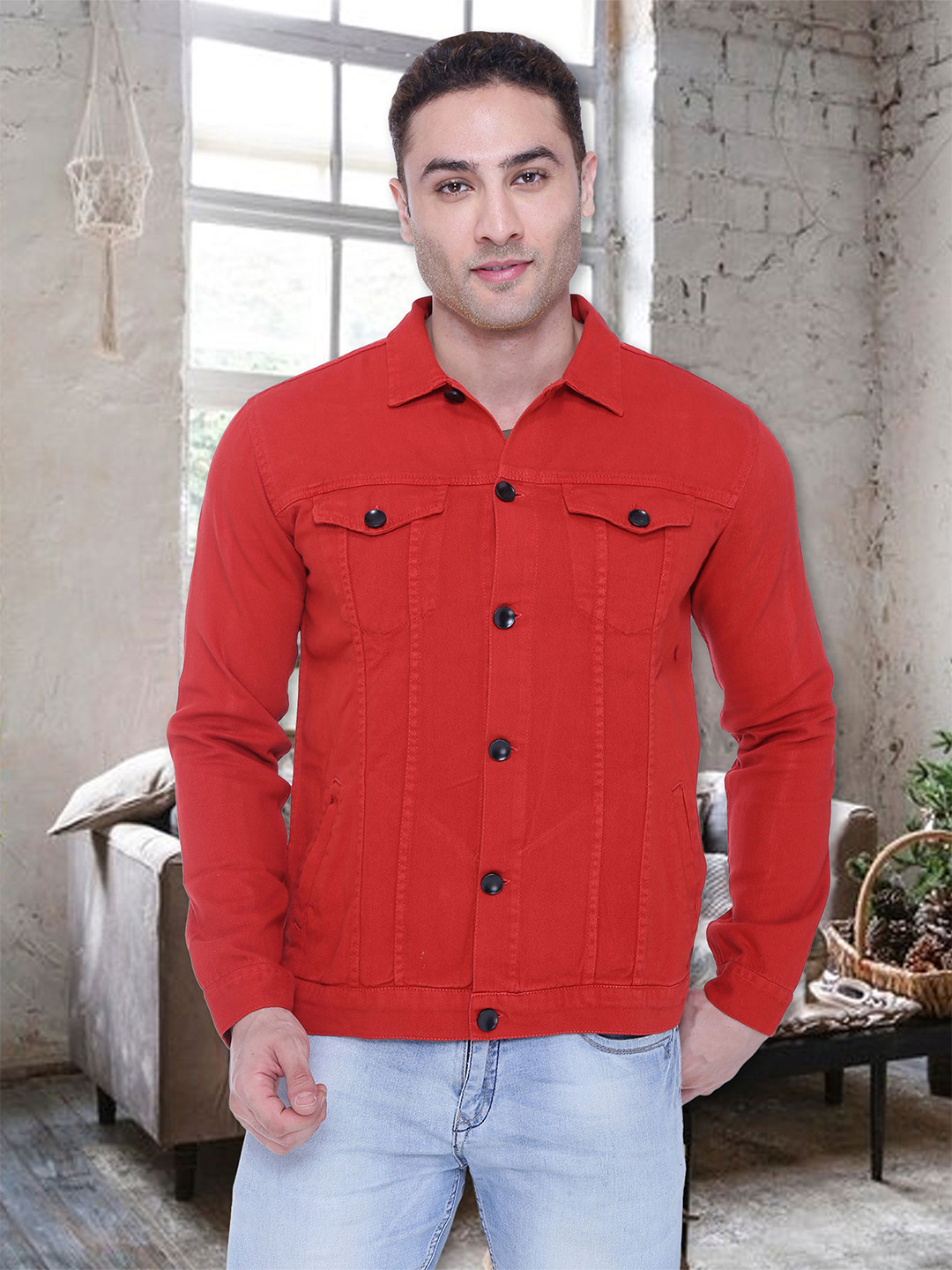 Cotton Denim Red Jean Jacket For Men Kuons Avenue Men Red Denim