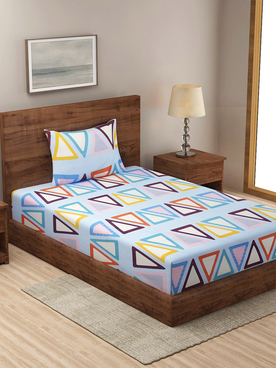 KLOTTHE Blue 210 TC Geometric Cotton Blend Single Bedsheet with 1 Pillow cover