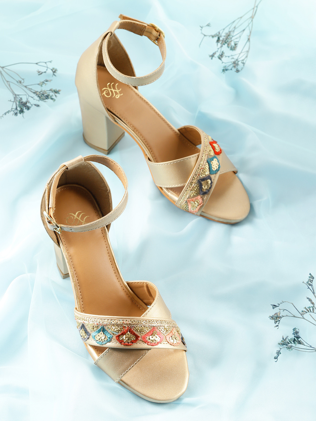 House of Pataudi Gold-Toned & Blue Embellished Leather Handcrafted Block Sandals