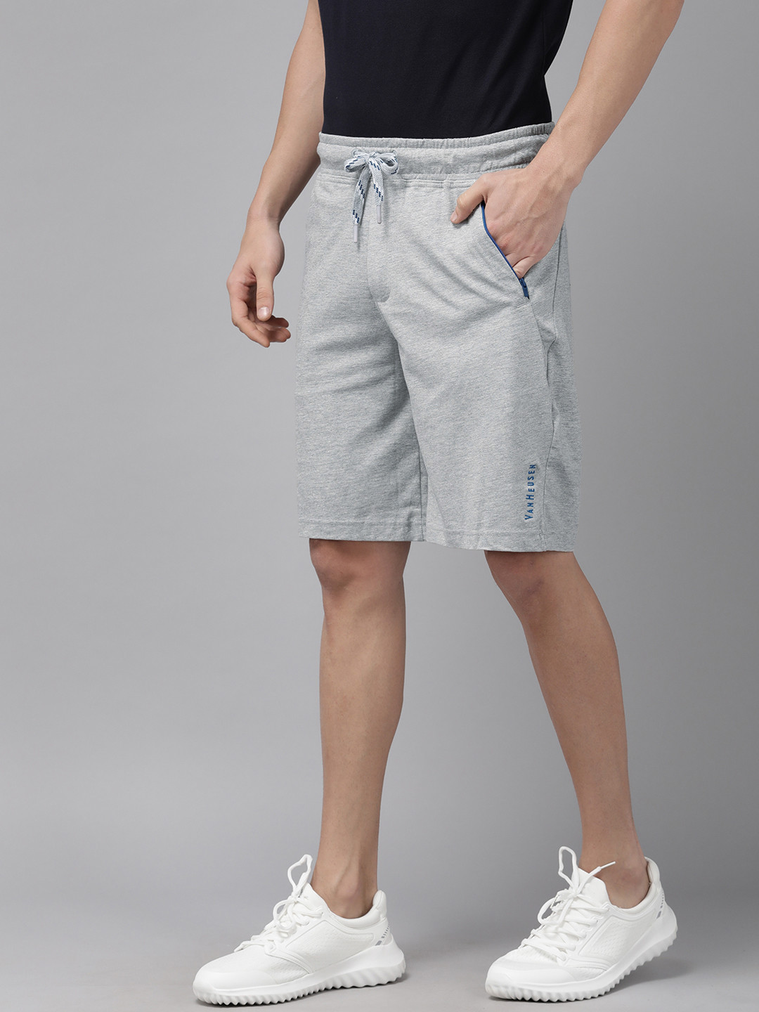 Van Heusen Innerwear Athleisure Men Grey Melange Solid Antiviral Zipper Pocket Knit Shorts