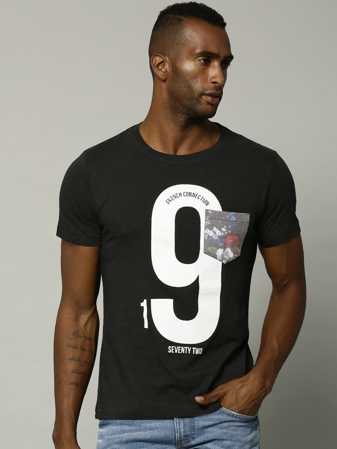 Black Printed Round Neck Pure Cotton 