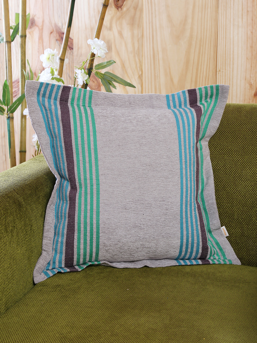 MASPAR Grey Striped Viscose Durable Textured Square Cushion Cover - 16 x 16 Inches