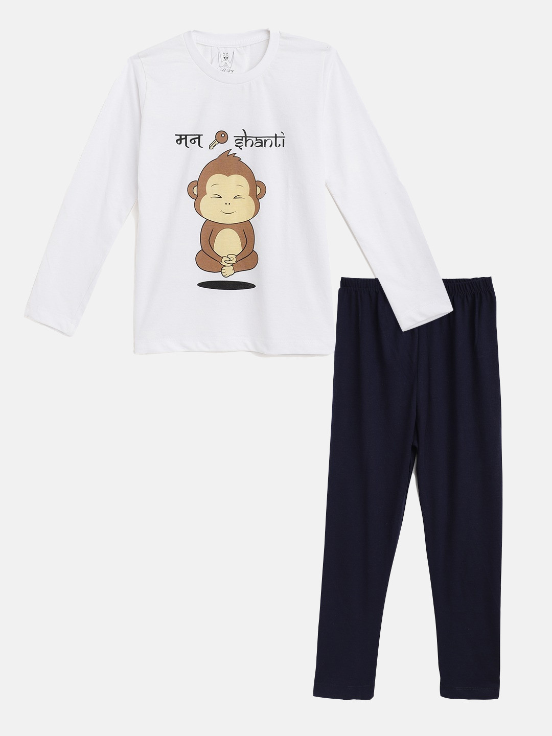 Wyld Sprog Boys White & Black Monkey Printed Cotton Night suit