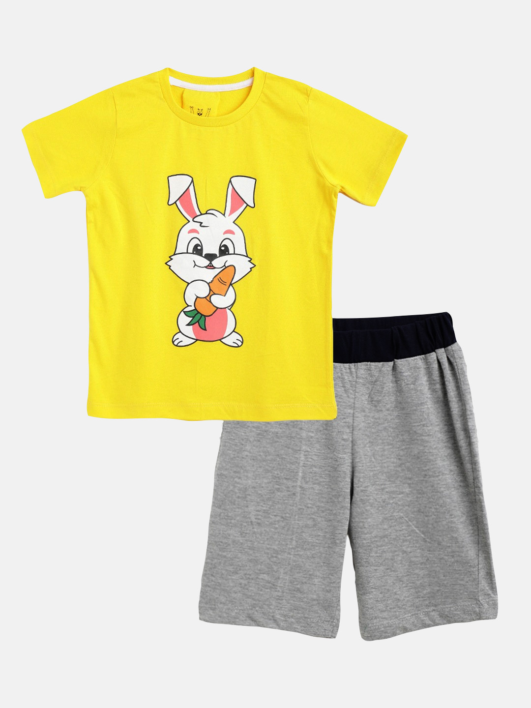 Wyld Sprog Boys Yellow & Grey Bunny Printed Cotton T-shirt with Shorts