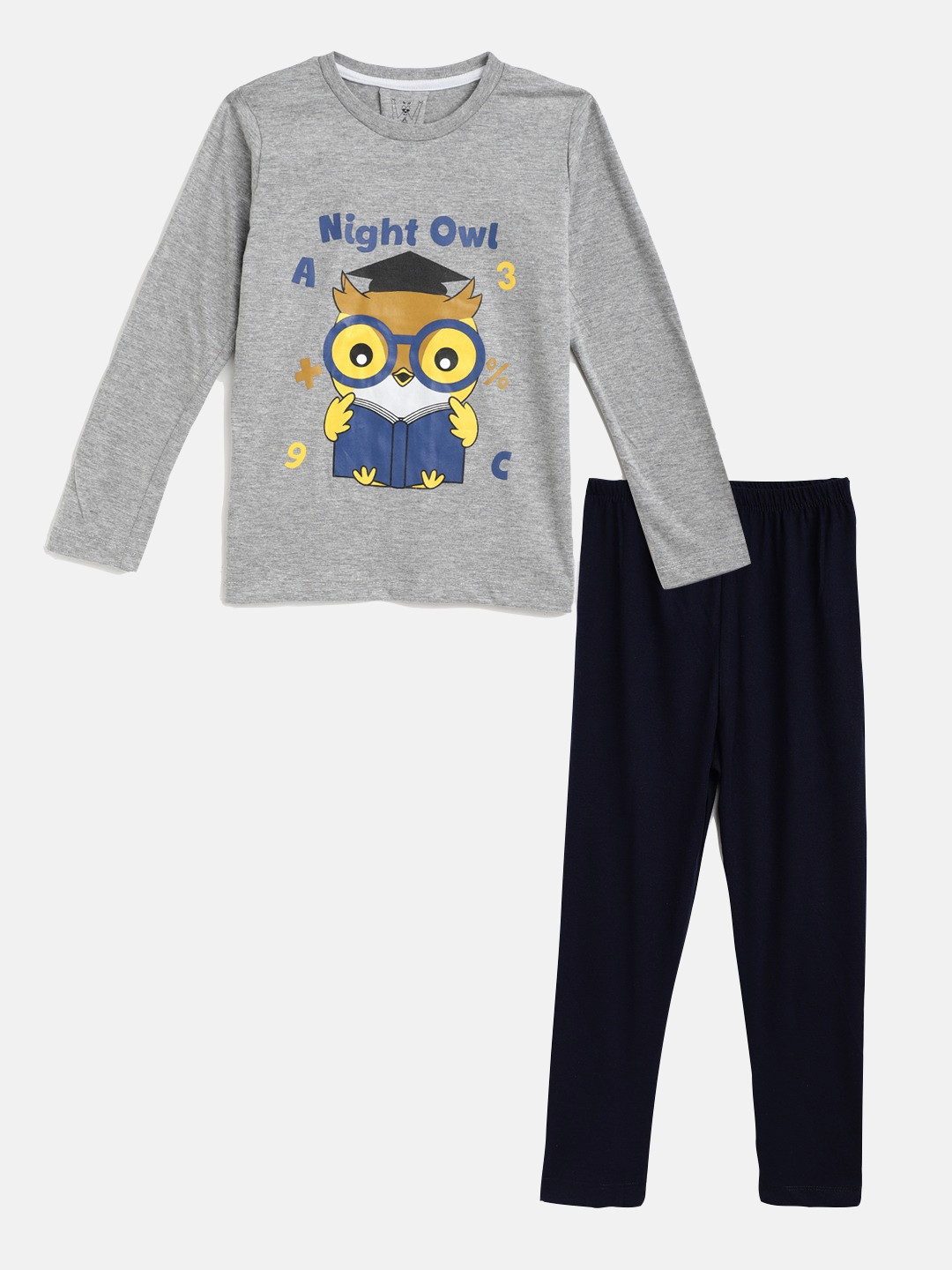Wyld Sprog Boys Grey & Black Owl Printed Cotton Night suit