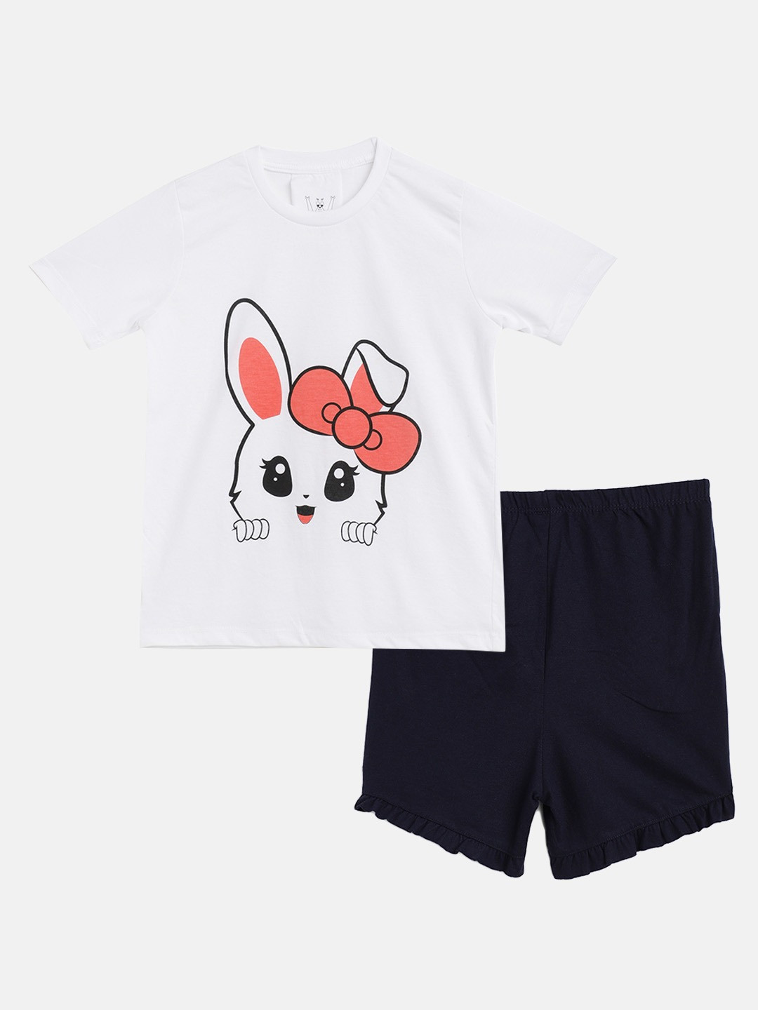 Wyld Sprog Girls White & Black Bunny Face Printed Cotton T-shirt with Shorts