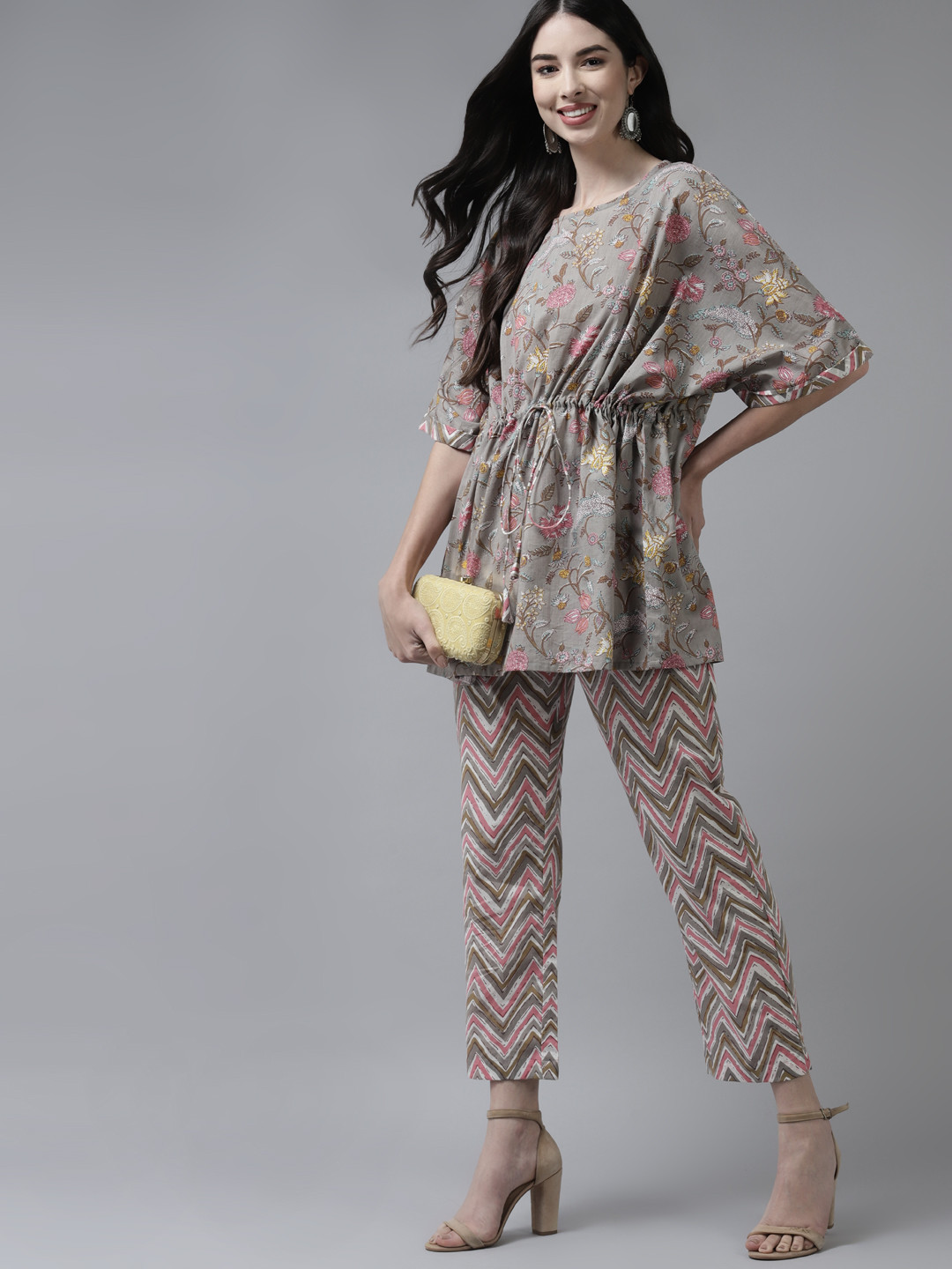 Amirah s Women Grey Printed Regular Pure Cotton Top with Trousers