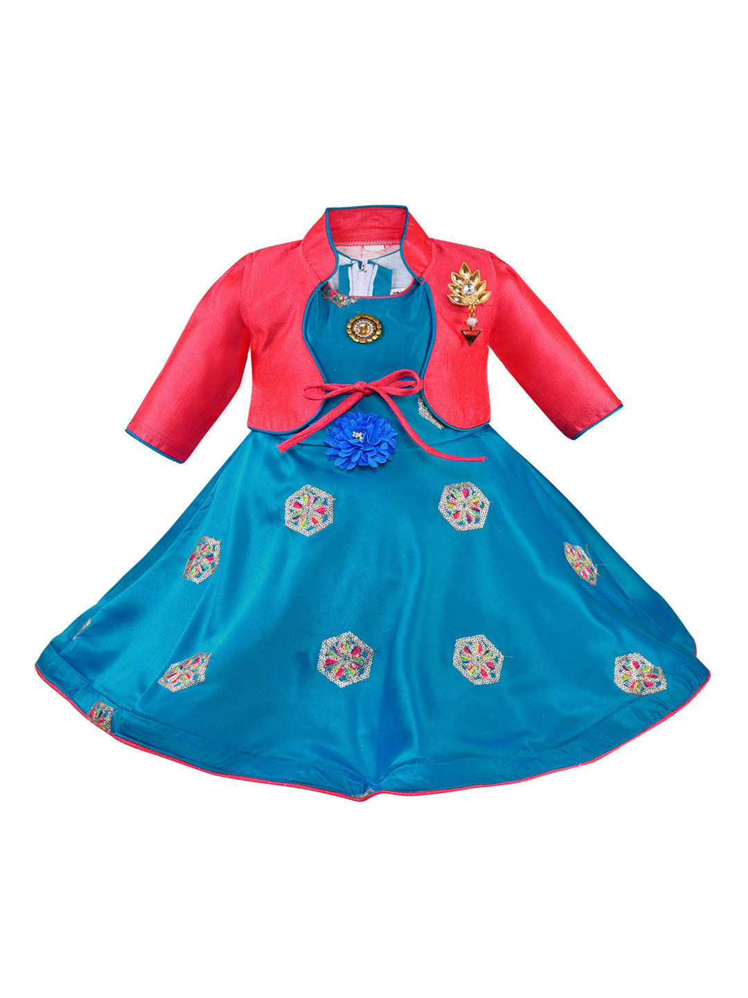 Wish Karo Blue & Red Embellished Satin Dress With Shrug
