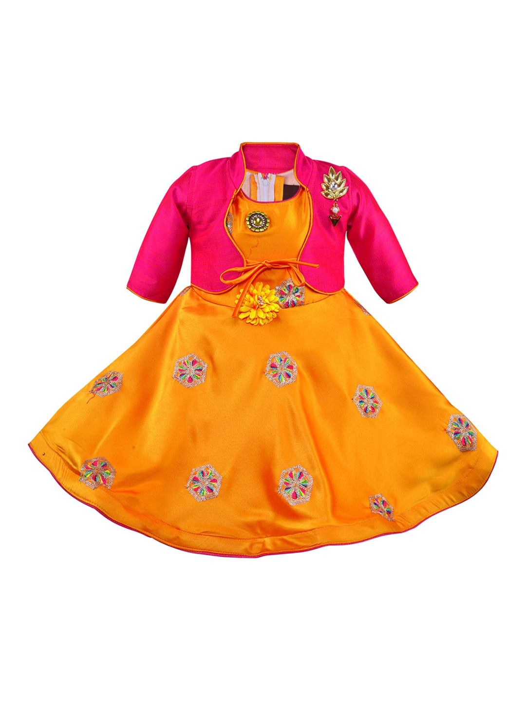 Wish Karo Girls Yellow & Green Floral Embellished Satin Fit & Flare Dress