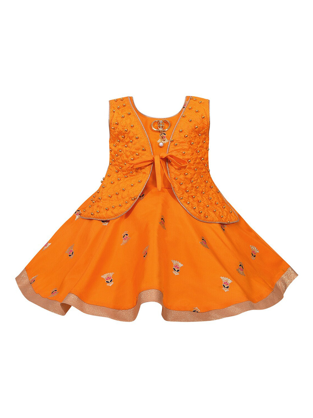 Wish Karo Girls Orange Embellished Satin Dress