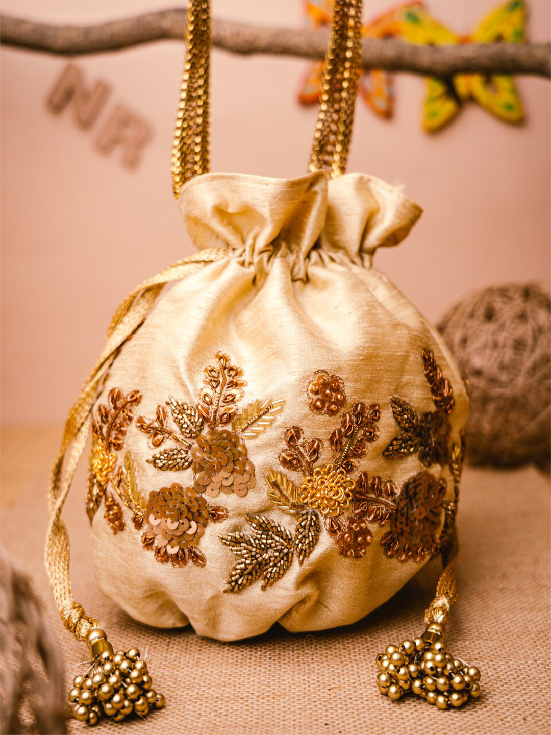 NR By Nidhi Rathi Women Cream Embroidered Potli Bag