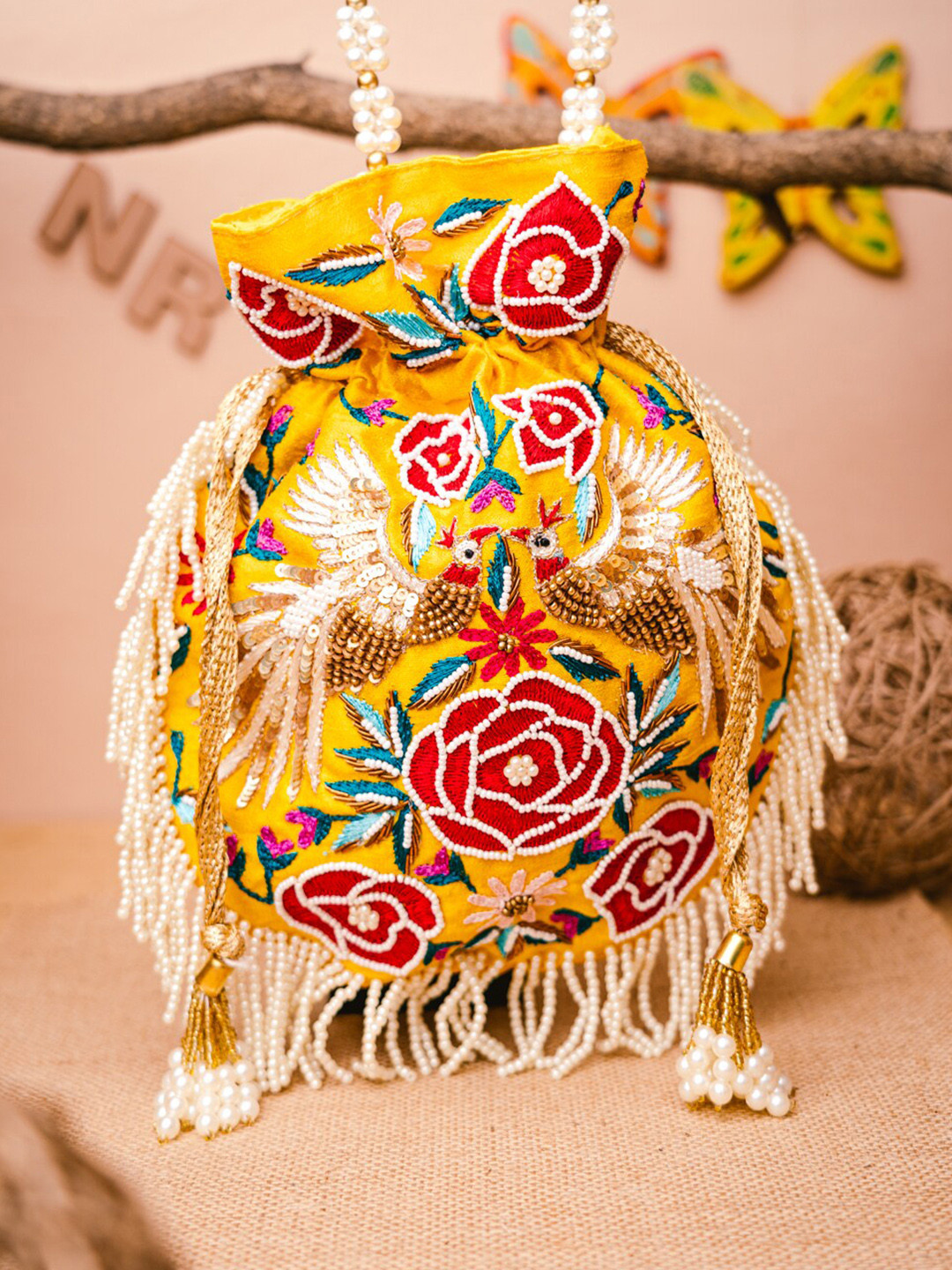 NR By Nidhi Rathi Women Yellow Embroidered Potli Bag