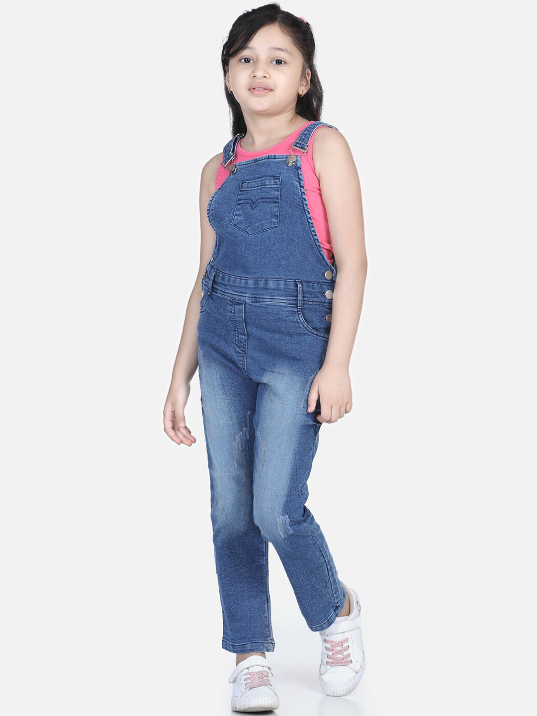 StyleStone Girls Blue Washed Cotton Denim Dungarees