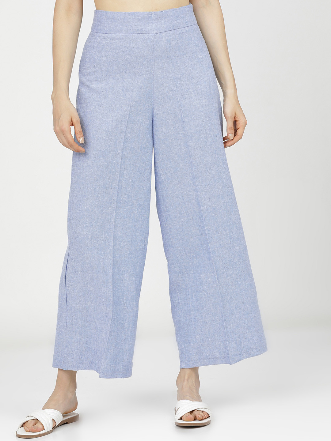 Tokyo Talkies Women Blue High-Rise Easy Wash Parallel Cotton Linen Wide Leg Trousers