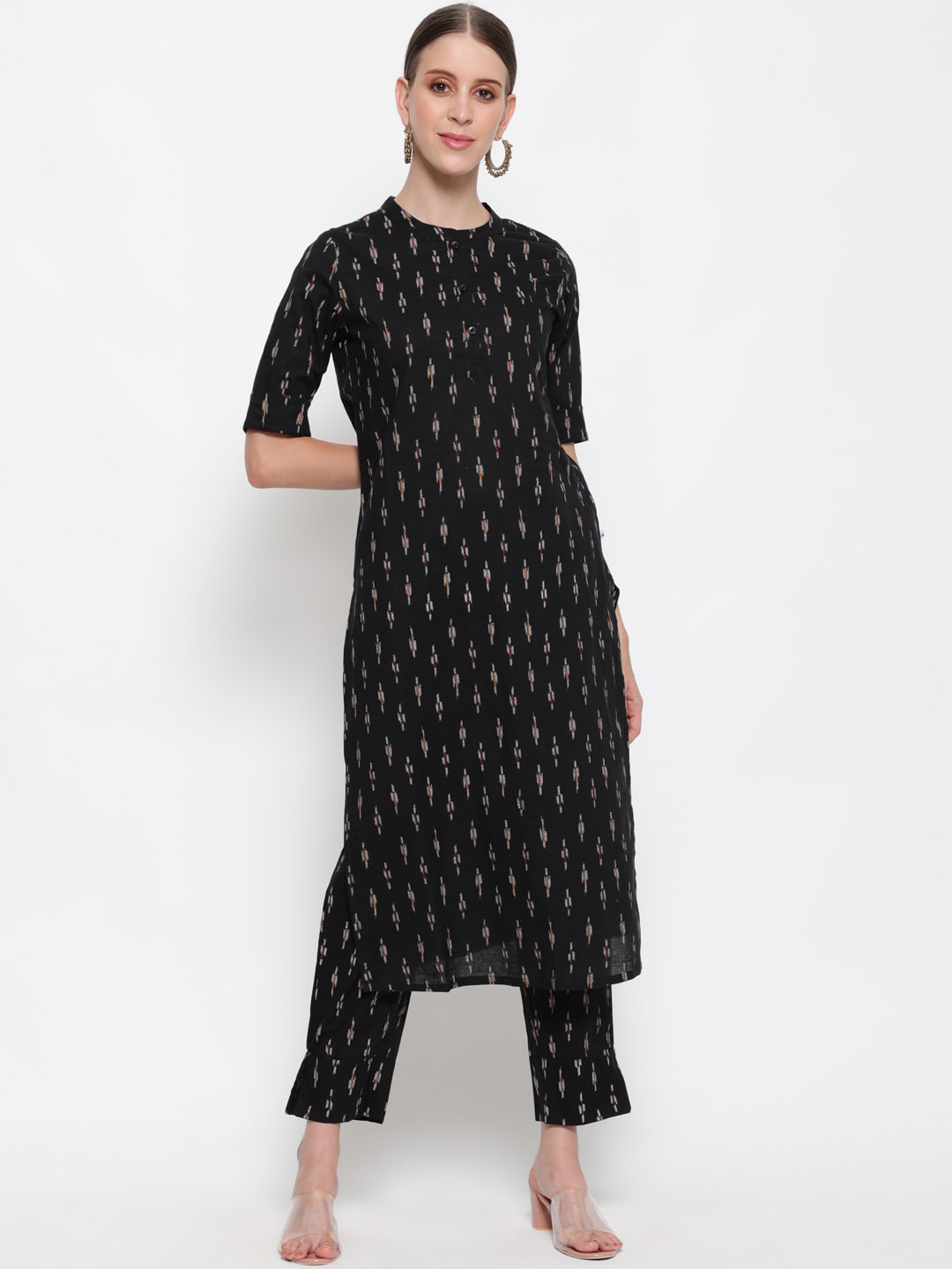 antaran Women Black & White Printed Regular Pure Cotton Kurta with Trousers