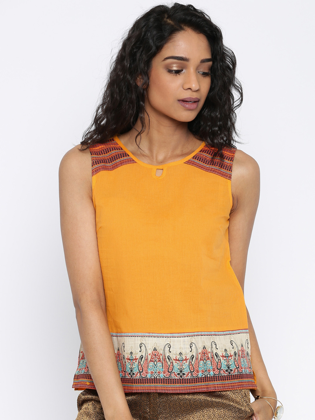 AURELIA Yellow Printed Pure Cotton Kurti