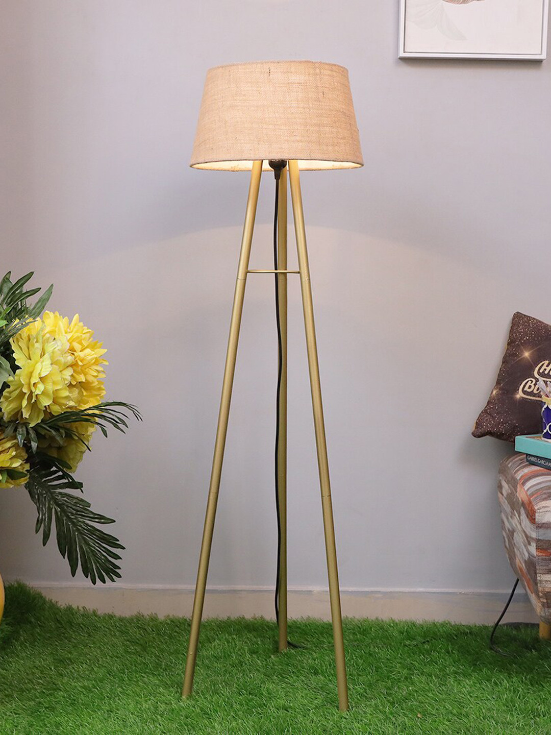 Homesake Beige & Gold Mid Century Metal Tripod Floor Lamp