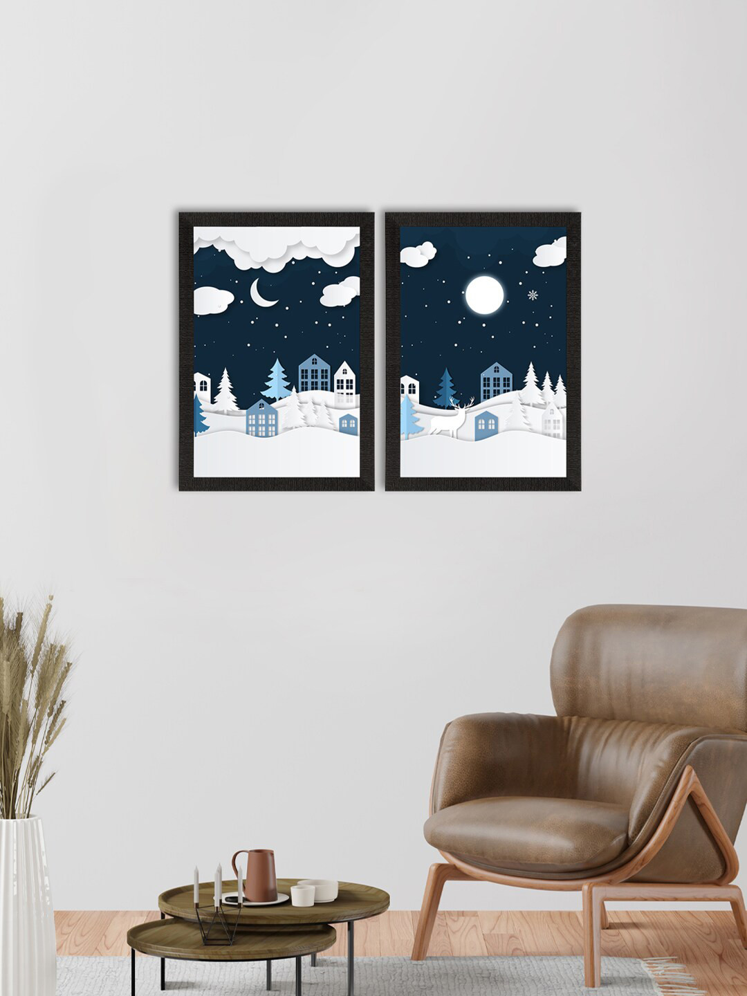 eCraftIndia Set Of 2 Black & Blue Winter Snowy Night Satin Matt Texture UV Art Paintings