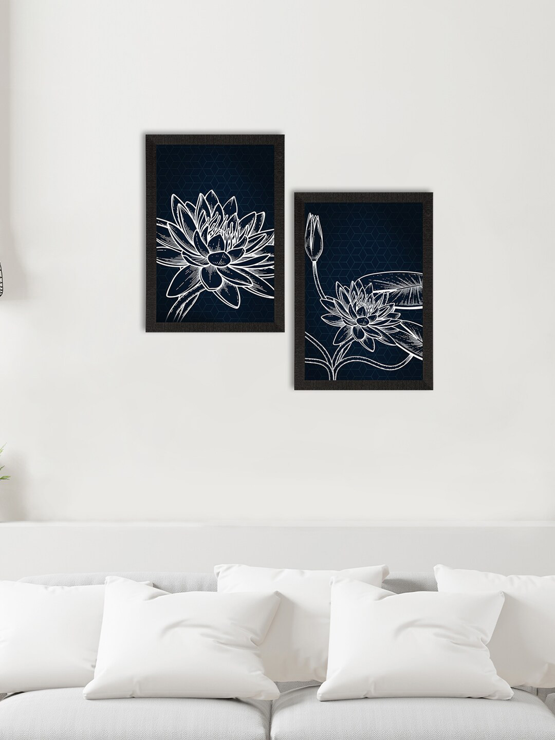 eCraftIndia Set Of 2 Black & Navy Blue Lotus Line Art Minimalistic Satin Matt Texture UV Art Painting