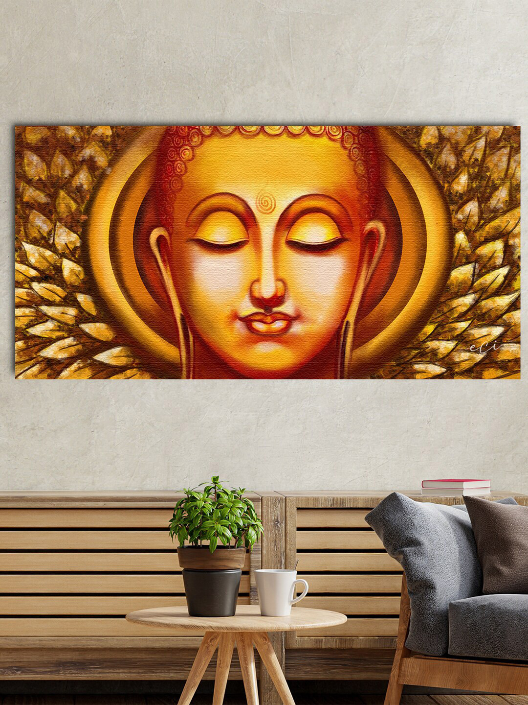 eCraftIndia Gold-Toned & Brown Calm Buddha Face Printed Wall Painting