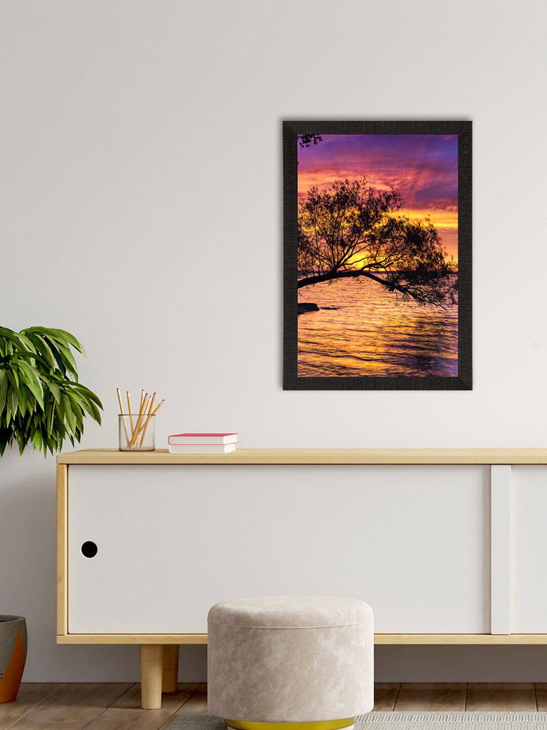 eCraftIndia Brown & Yellow Beautiful Sunset Lake Satin Matt Texture UV Art Painting