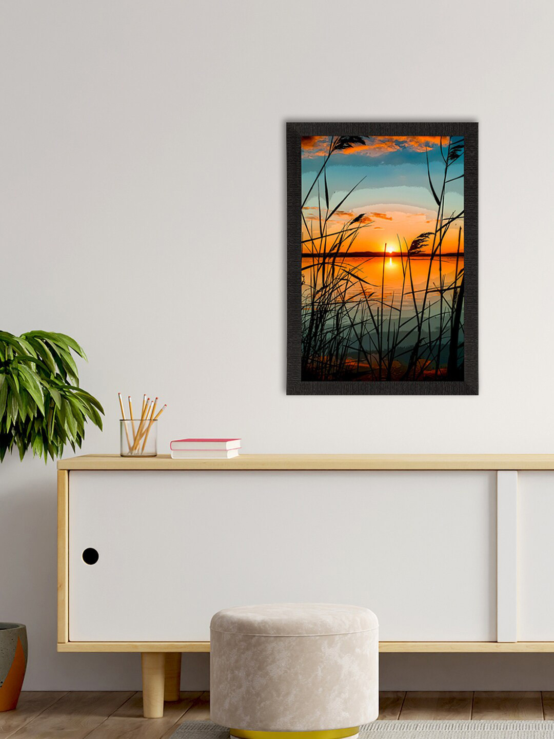 eCraftIndia Black & Orange Sunset Lake View Satin Matt Texture UV Art Painting