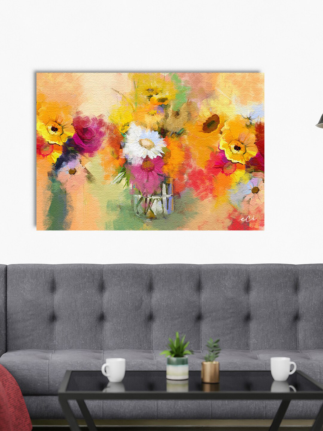 eCraftIndia Beige & Red Floral Canvas Wall Art