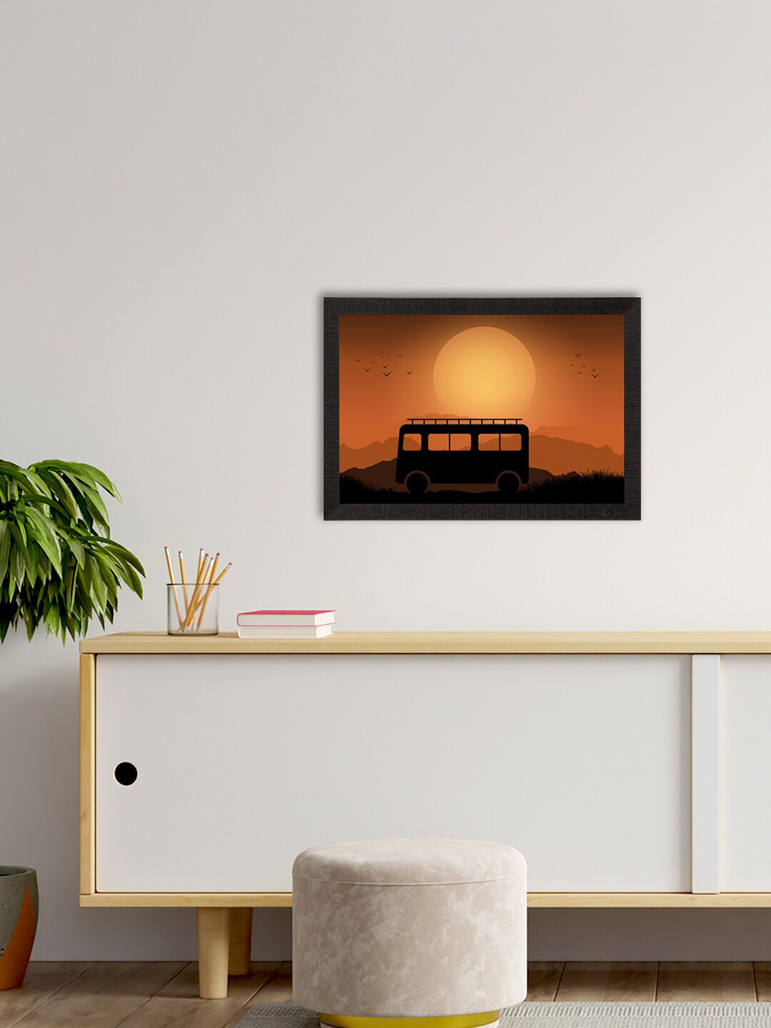 eCraftIndia Brown & Black Sunset Scenery Art Painting