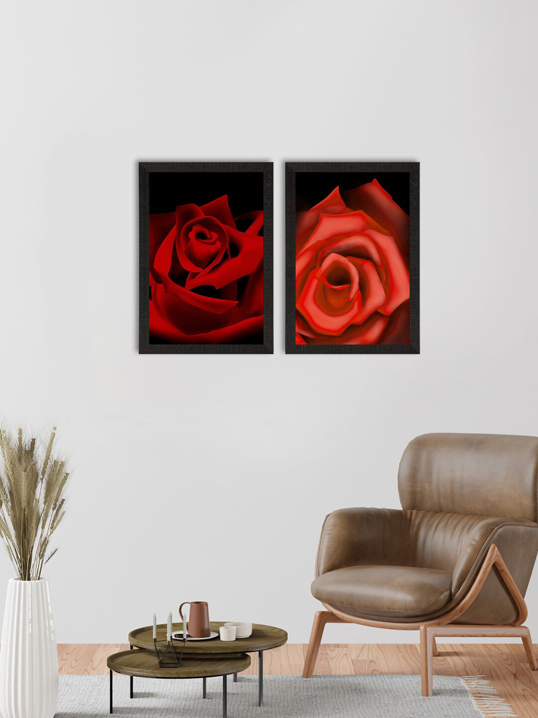 eCraftIndia Set Of 2 Red & Brown Red Roses Satin Matt Texture UV Art Painting