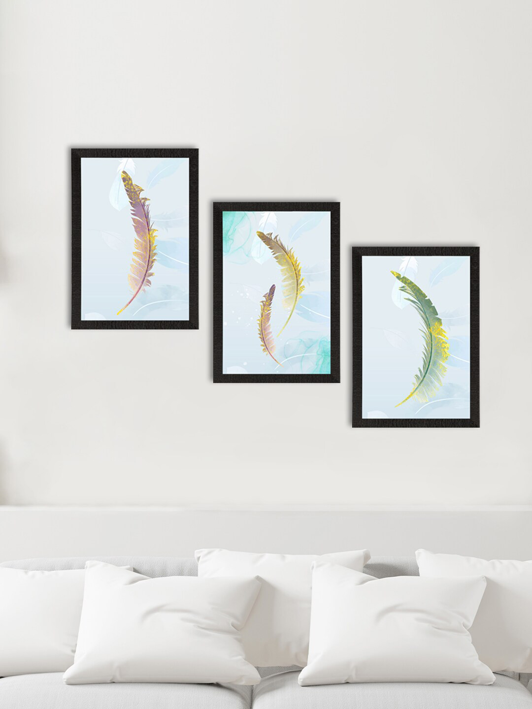 eCraftIndia Set Of 3 Blue & Green Colorful Feather with Golden Texture Satin Matt Texture UV Art Painting