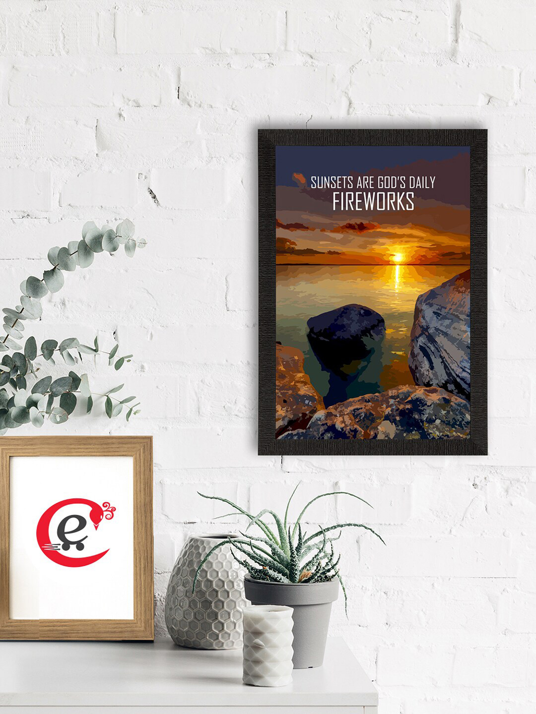 eCraftIndia Sunset Brown Wood Wall Living Room Rectangle Paintings Wall Art -13 x 10In