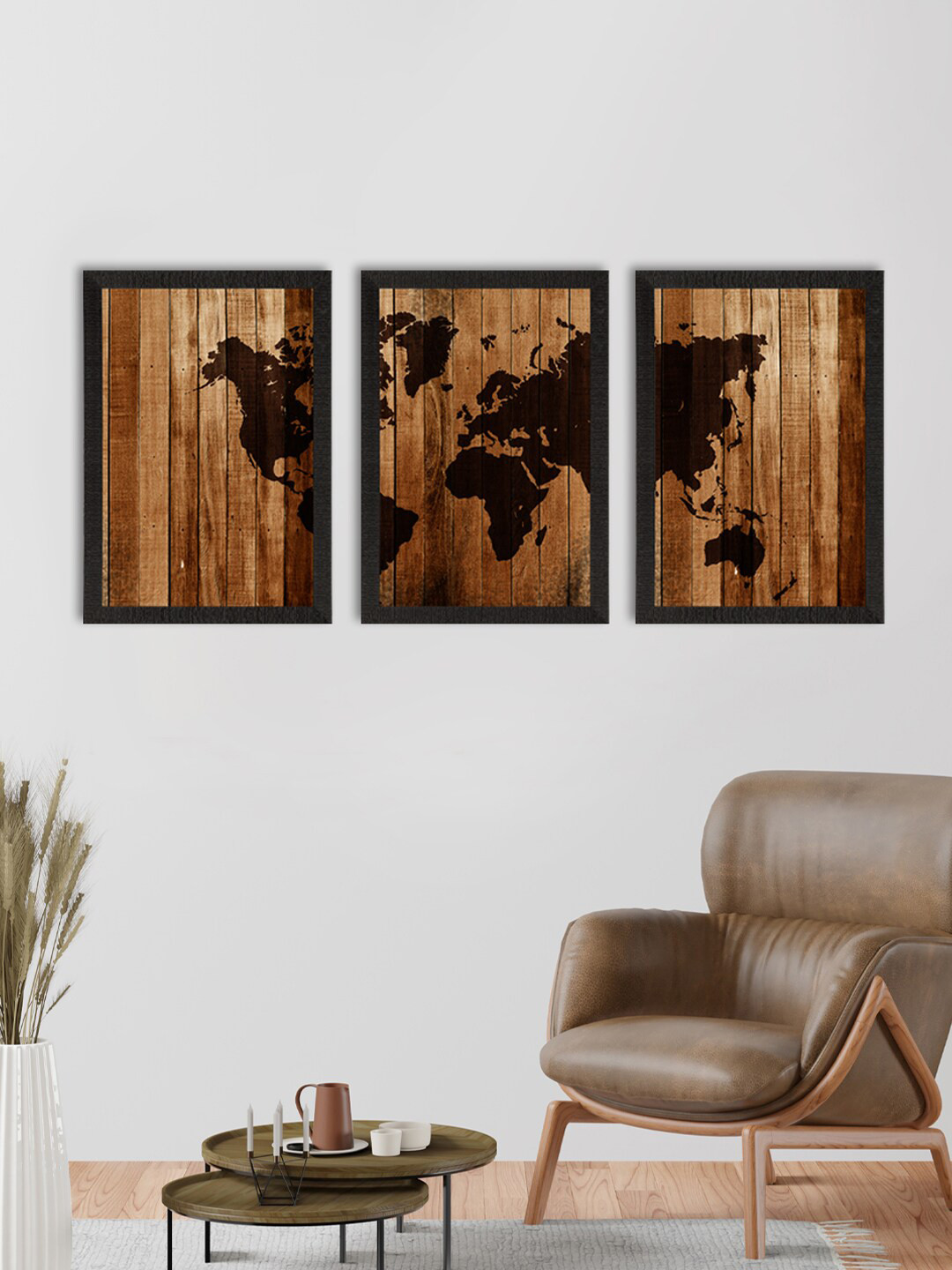 eCraftIndia Set Of 3 Brown World Map Printed Satin Matte Texture UV Art Paintings