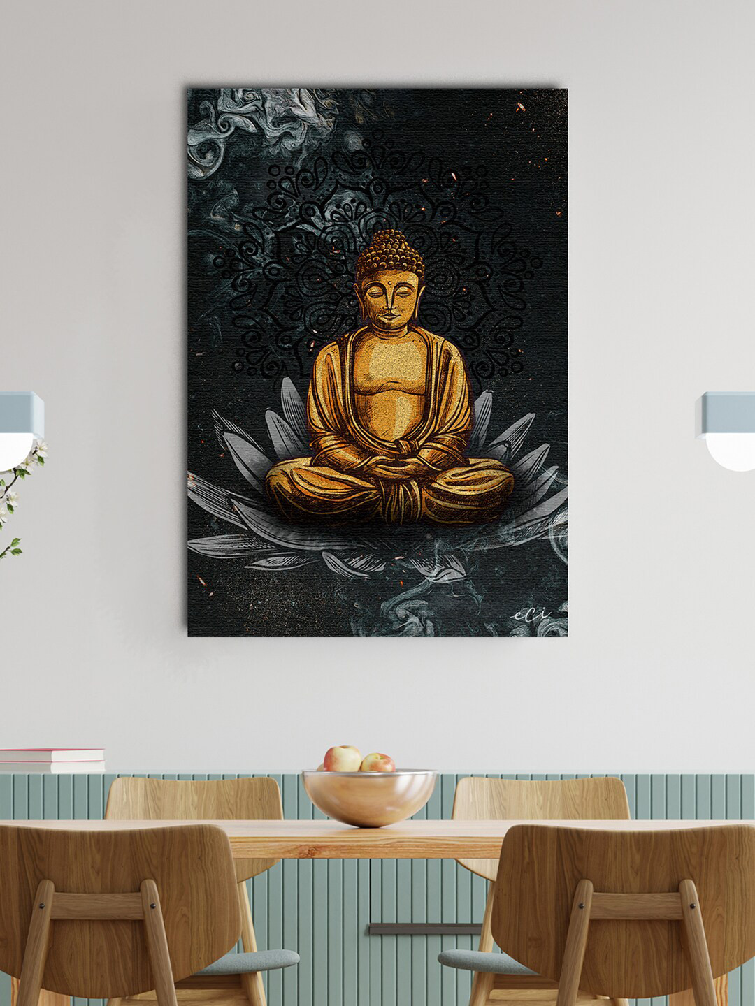 eCraftIndia Black & Gold-Coloured Meditating Gautam Buddha on Lotus Original Design Canvas Printed Wall Art