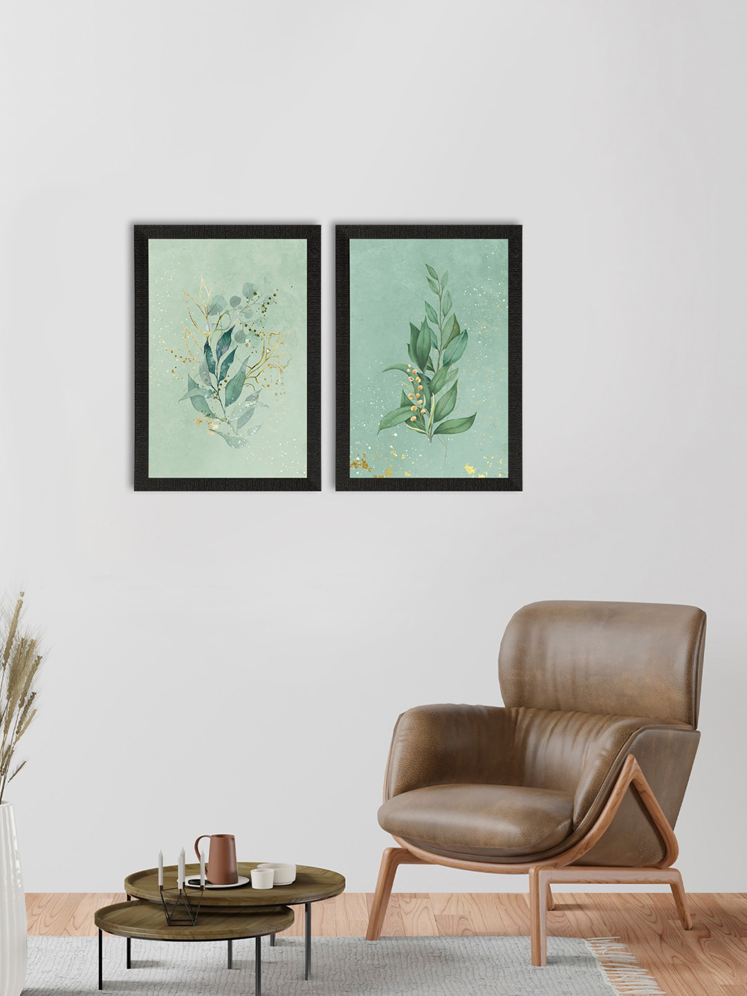 eCraftIndia Set Of 2 Green & Black Pastel Green Natural Leaf Satin Matt Texture UV Art Painting