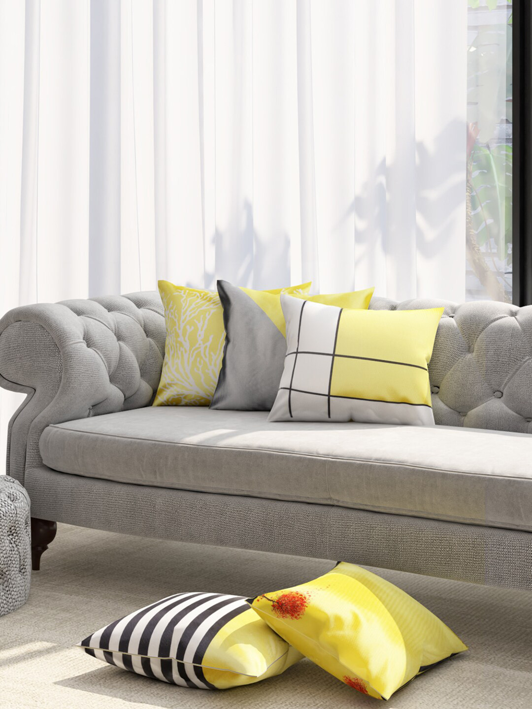 TAG 7 Yellow Striped Polyester Anti-Wrinkle 5 Piece Square Cushion Covers - 15.7x15.7In