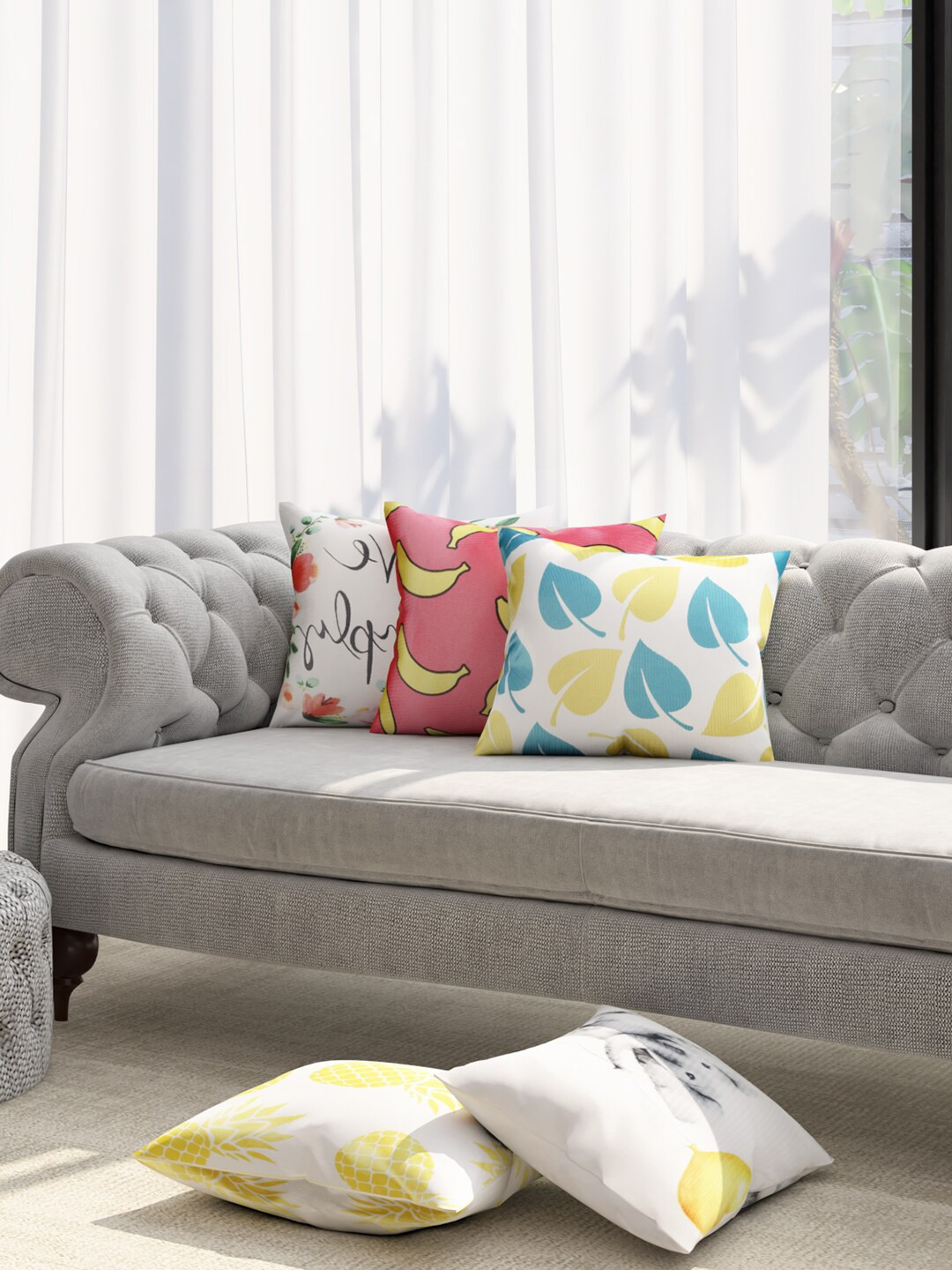 TAG 7 White Leaf Polyester Durable 5 Piece Square Cushion Covers -16x16In