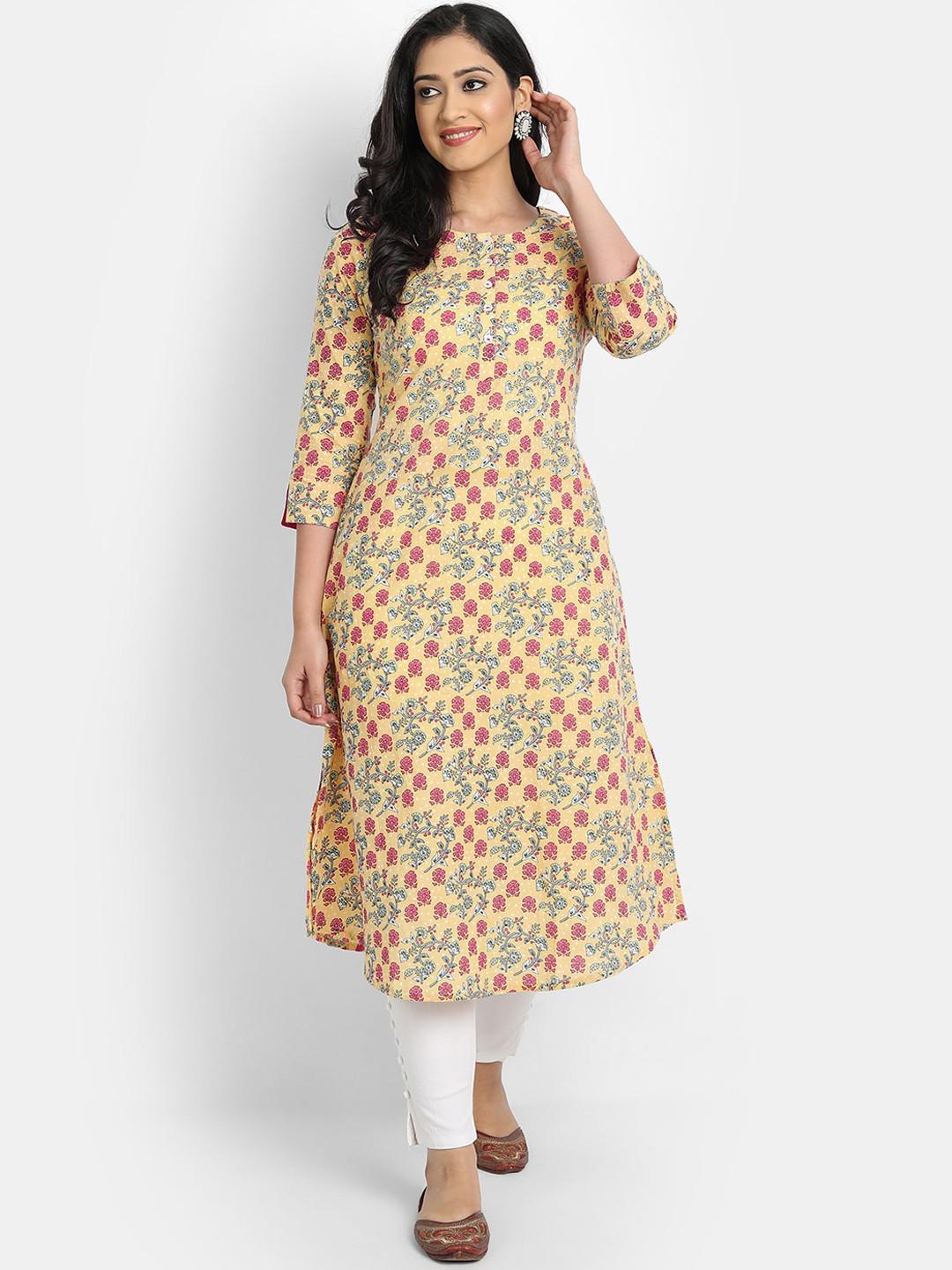 SUTI Women Yellow & Red Floral Printed Cotton Kurta