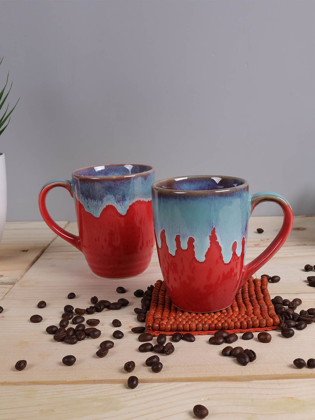 Homesake Mothers Day Gift Red Abstract Ceramic Handmade 2 Piece Mugs-260ml
