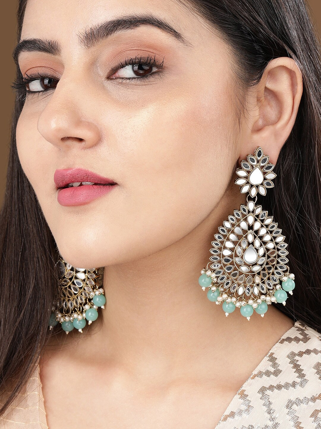 Rubans 22K Gold Plated Mirror Work and AquaBlue & Pearl BeadsHandcrafted Chandbali Earring