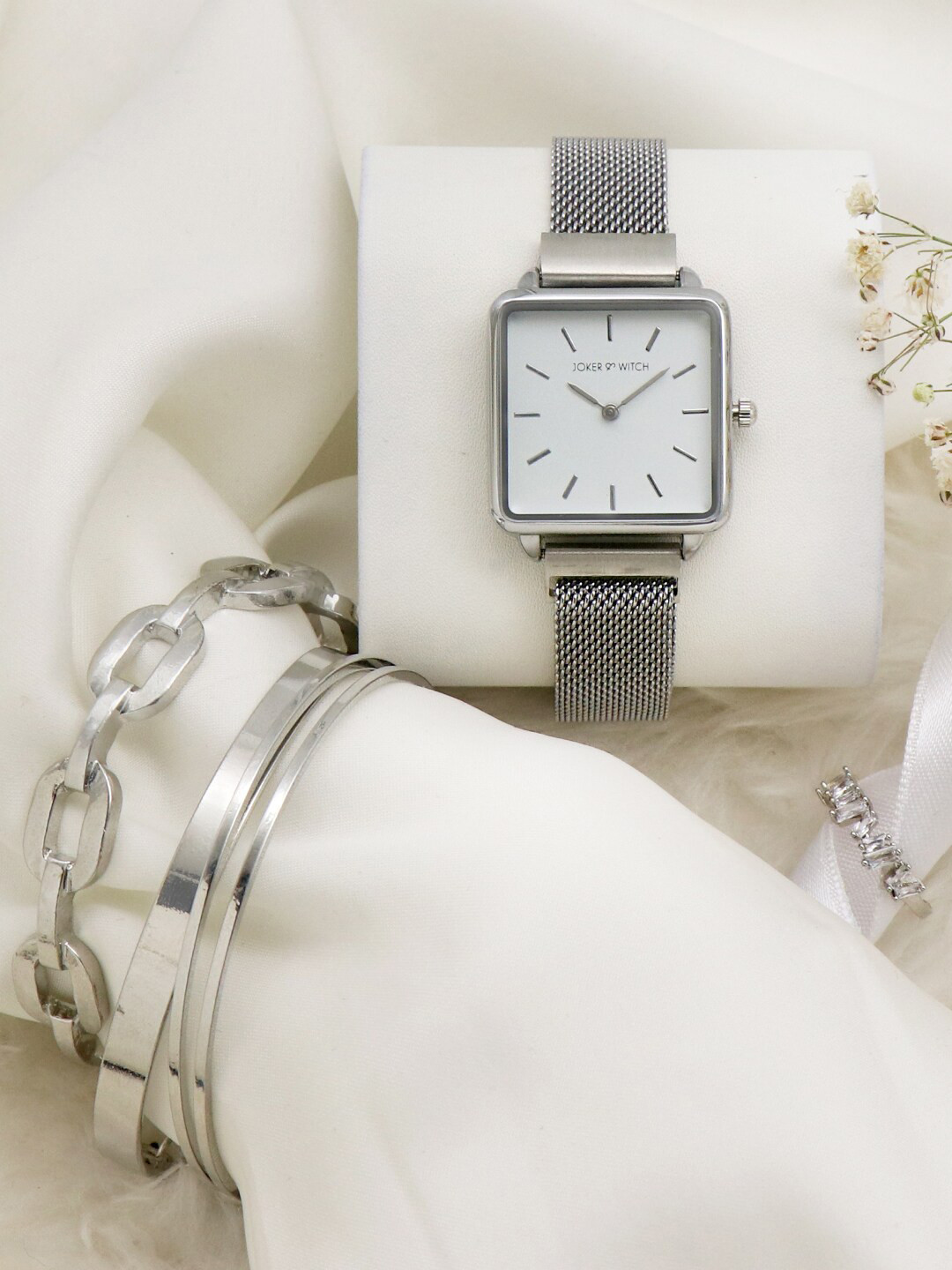 JOKER & WITCH Women White & Silver-Toned Halle Watch Bracelet Stack Gift Set