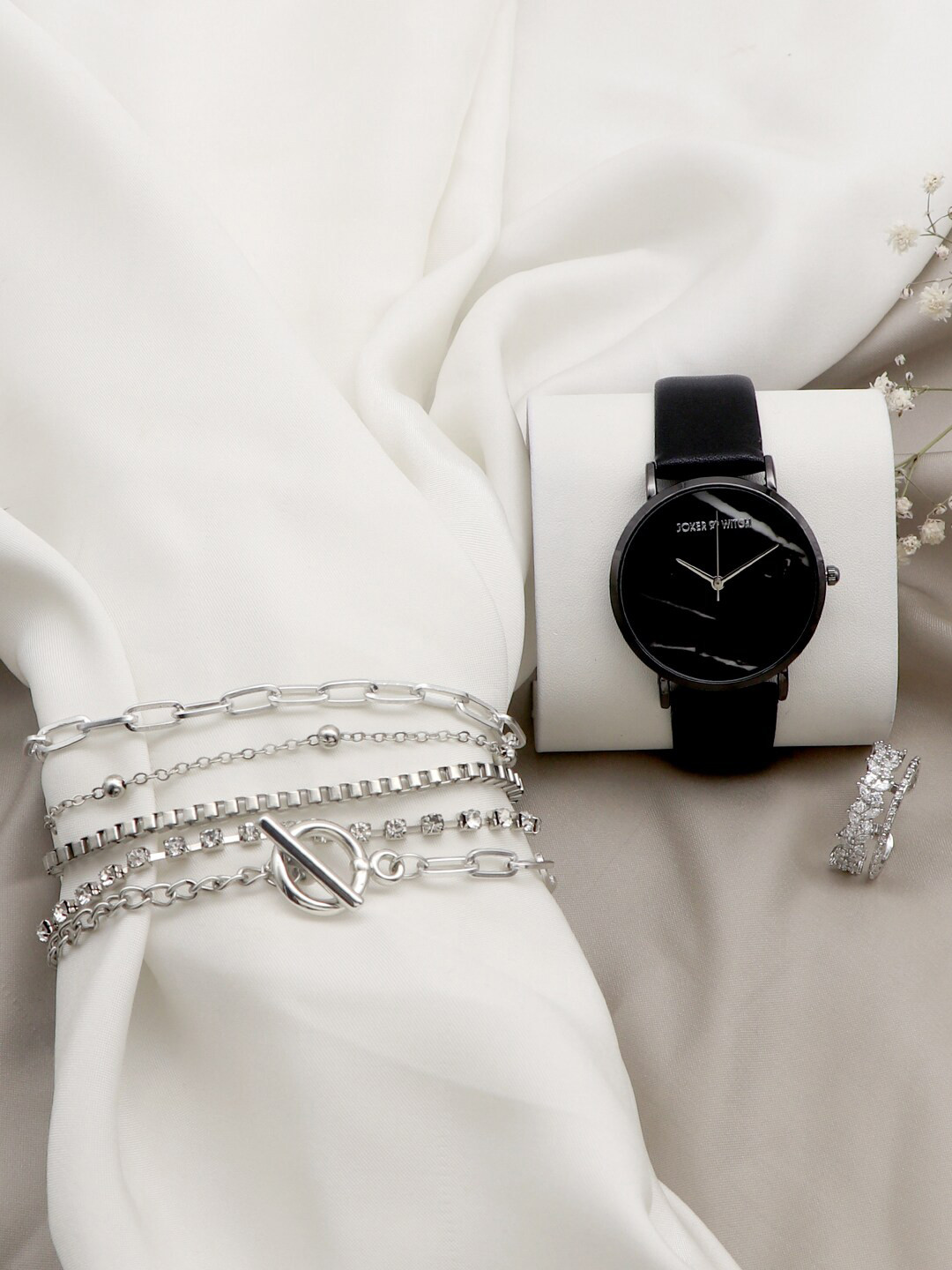 JOKER & WITCH Women Black & Silver-Toned Halle Watch Bracelet Stack Gift Set