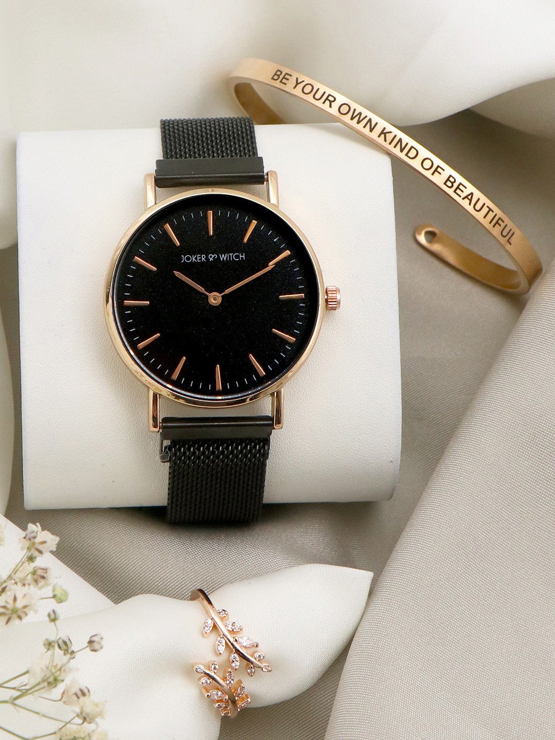 JOKER & WITCH Women Black & Rose-Gold Toned Starstruck Love Triangle Watch Gift Set JWLT338