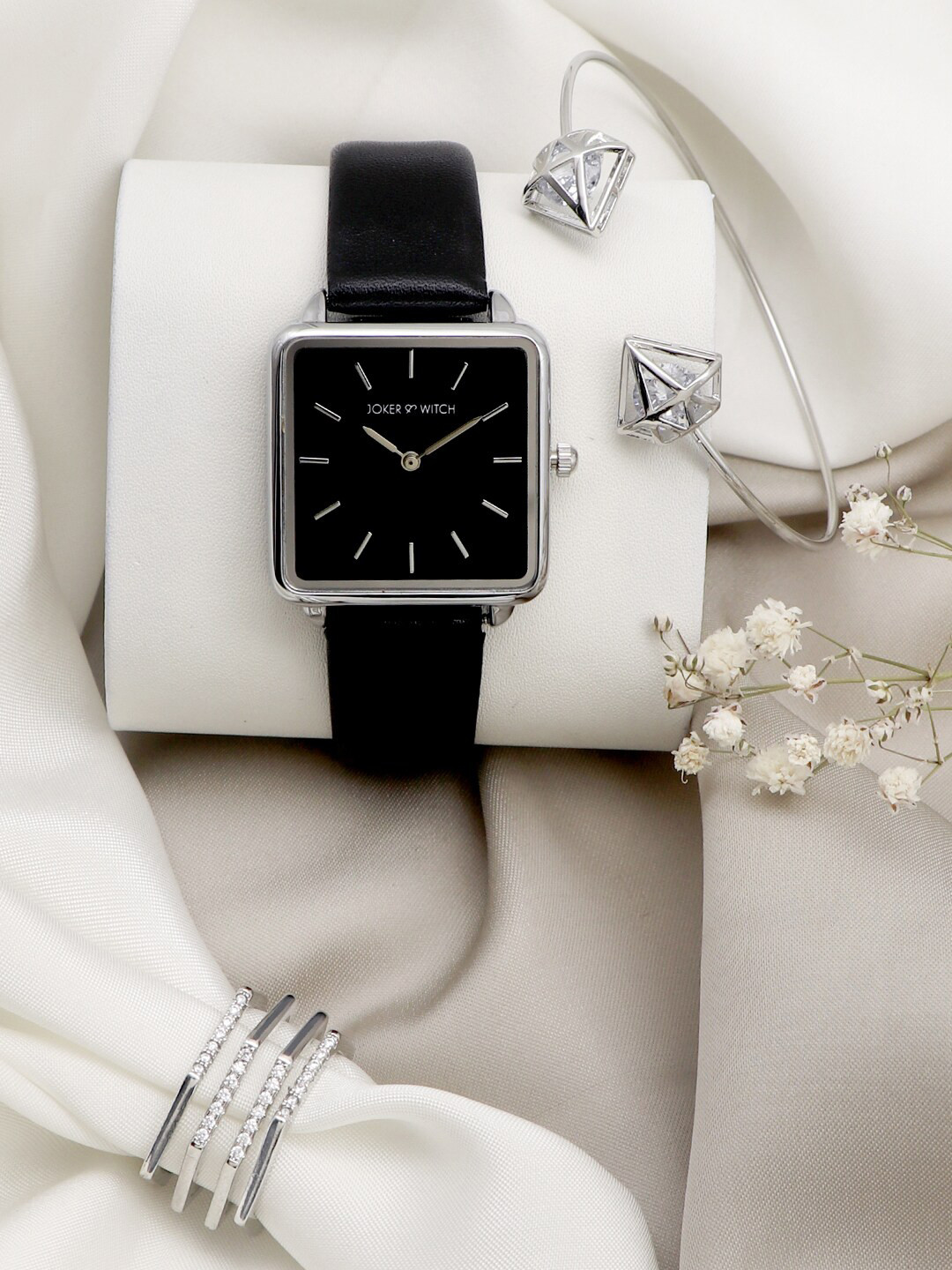 JOKER & WITCH Women Black & Silver-Toned Power Love Triangle Watch Gift Set - JWLT357